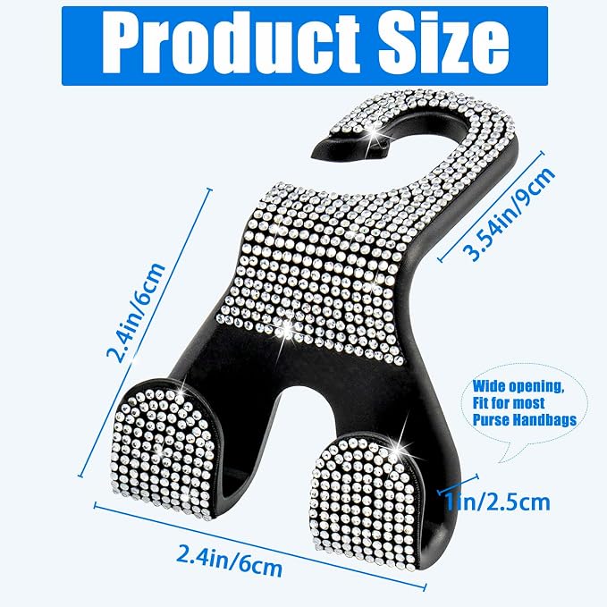 Bling Car Purse Hooks 2Pcs, Rhinestones Car Headrest Hook Backseat | Double Hooks,Holds 44Lbs,Wide Opening,Durable Nylon,Car Seat Hook,Purse Holder,Bling Car Accessories for Women,White