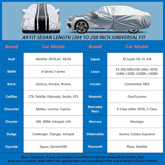 Car Cover Custom Fit for Toyota Avalon/Mirai, Chrysler 300, | Waterproof All Weather for Automobiles Full Exterior Cover Rain Sun Snow UV Protector.