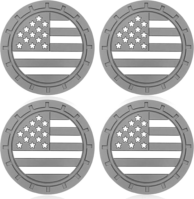 Automotive Universal Car Cup Holder Coasters 4 Pack, Non-Slip Silicone Cup Holder Insert 2.72~2.75 Inch, Anti-Skid Shockproof Drink Mat with Flag Design, Vehicle Interior Accessories Grey