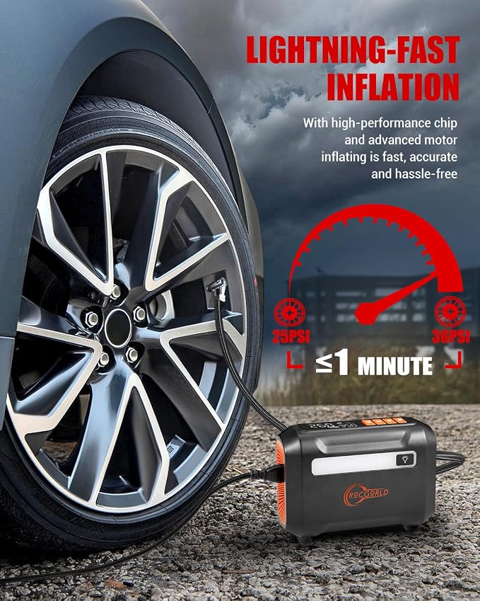 ROCGORLD R8 Tire Inflator Portable Air Compressor, DC 12V Air Compressor for Car with Large Dual Digital Screen, 3X Faster Inflation Air Pump for Car Tires, Bike, Ball, Motor - Car Accessories
