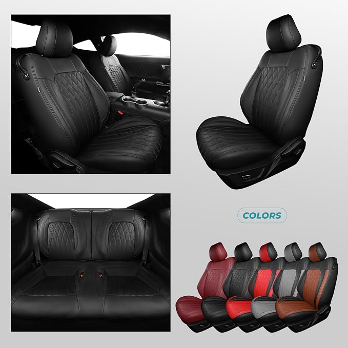 Custom for Ford Mustang Coupe Seat Covers 2015-2025 - Custom-Fit Full Set Faux Leather Car Seat Covers for Mustang Coupe Fastback GT/V6/EcoBoost 2015 2016 2017 2018 2019 2020 2021 2022 2023 2024 2025
