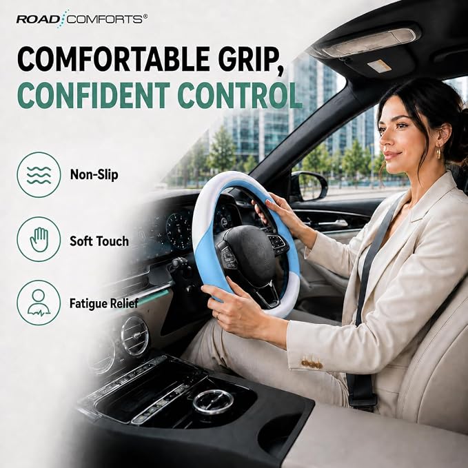Road Comforts Steering Wheel Cover – Breathable Leather Steering Wheel Cover, Anti-Slip Grip, Universal Fit 14.5” to 15”, Heat & Cold Resistant for Cars, SUVs, and Trucks – Shining White & Blue