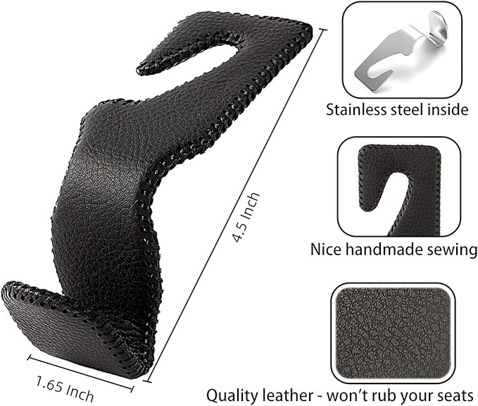 Headrest Hooks for Car, Back Seat Organizer Black Leather Hanger Holder Hook, for Hanging Purses and Bags and Coats, Pack of 2