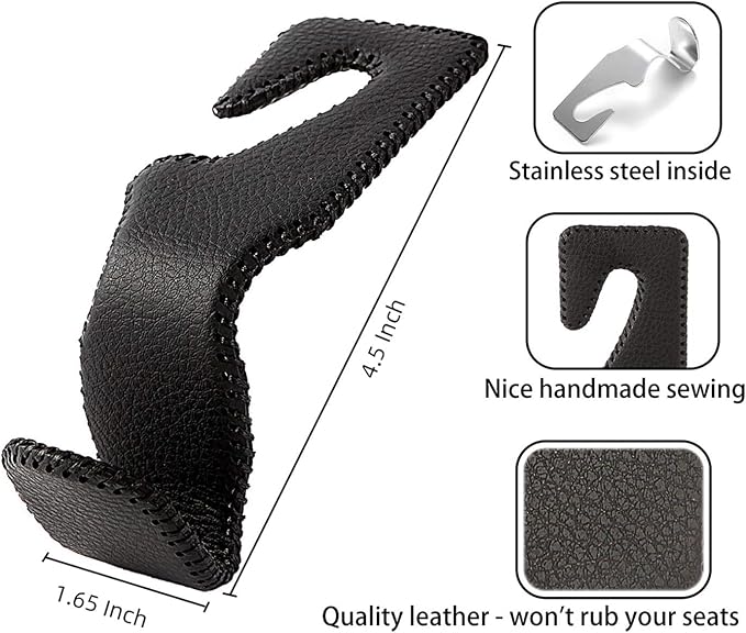 AMVOYOA Headrest Hooks for Car, Back Seat Organizer Gray Leather Hanger Holder Hook, for Hanging Purses and Bags and Coats, Pack of 2