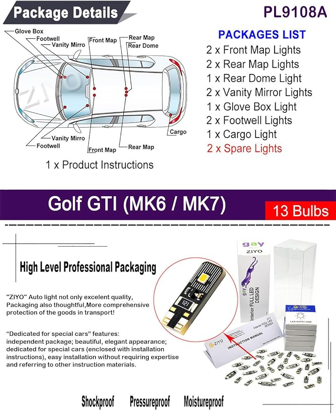 PL9108A - LED Interior Light Kit Package Replacement for Volkswagen Golf GTI MK6 MK7, Xenon White Dome Light Bulbs Upgrade Error Free (MK6/MK7 2008-2018 (13 Bulbs))