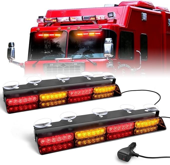 HLauto 6Z4J Emergency Dash Strobe Lights: 2x16.8 inch Red Amber Safety Lights, 48 LED Flashing Warning Hazard Interior Windshield Visor Traffic Light Bar for Trucks, Construction Vehicles