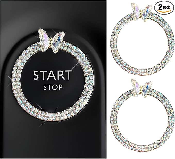 DXNQ 2PCS Bling Ring Emblem, Sparkling Butterfly Car Buttons and Knobs Ring, Girly Butterfly Diamond Car Engine Start Button Cover, Key Ignition Knob Rings Decoration for Women (AB, Double Row)
