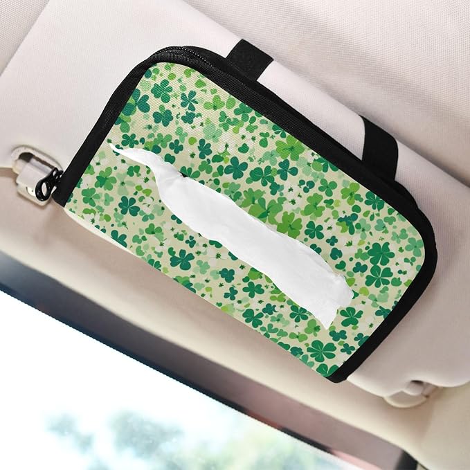 Car Visor Tissue Holder Mask Holder for Car, Car Tissue Box Sun Visor Napkin Holder Car Visor Accessories Adjustable Straps Reusable Durable Easy to Install Saint Patricks Green Clovers