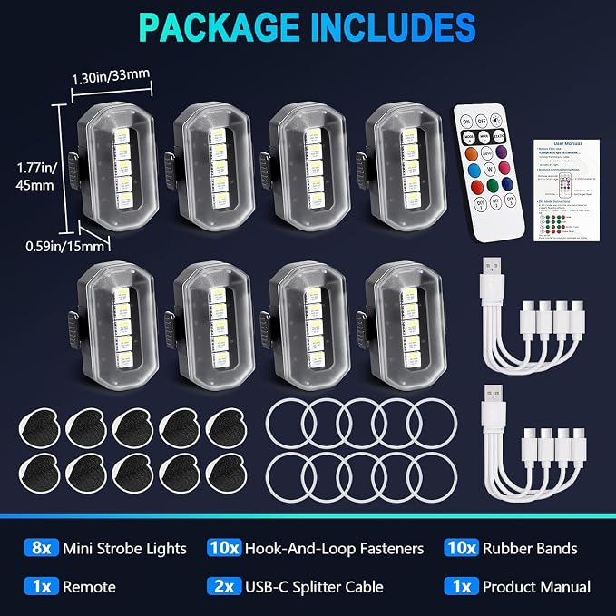 1797 Upgraded 5-LED Wireless Strobe Lights with Remote, RGB Exterior & Interior Ambient Lighting, 8 Colors & 5 Modes, USB-C Rechargeable, 8 PCS Waterproof Mini Lights for Car, Truck, Bike, Motorcycle