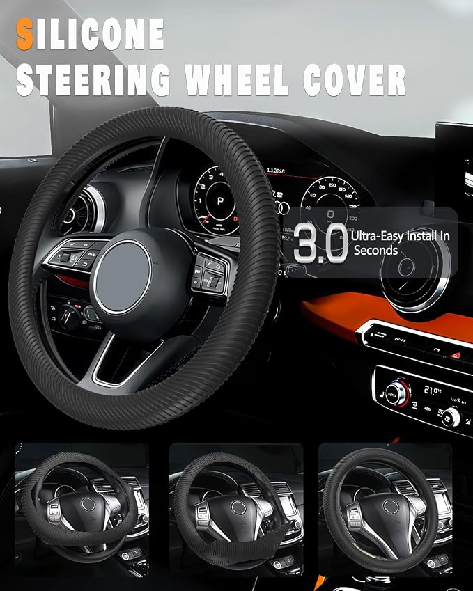WOCOCN Car Steering Wheel Cover, Thin Anti-Skid Silicone Steering Wheel Cover for Men & Women, Universal Automotive Interior Accessories for Most Cars (Black)