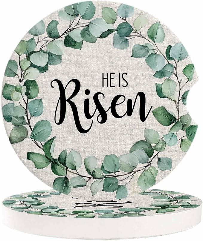Car Coasters for Cup Holders 2.6"Dia Absorbent Coasters Set of 2 Car Interior Accessories for Women Men Spring Summer Eucalyptus Leaves Linen Bottom Ceramic Car Coaster for Drinks with Finger Grooves