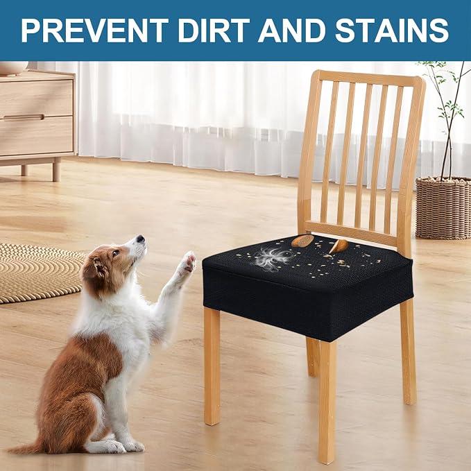 Smiry Waterproof Seat Covers for Dining Room Chairs Set of 6, Stretch Jacquard Removable Washable Chair Seat Slipcovers Protector, No Rear Covers, Black