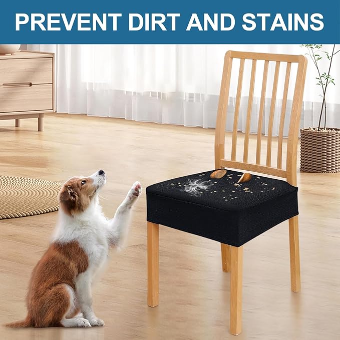 Smiry Waterproof Seat Covers for Dining Room Chairs Set of 8, Stretch Jacquard Removable Washable Chair Seat Slipcovers Protector, No Rear Covers, Black