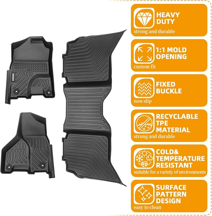 Floor Mats for Ram 1500/2500/3500 Crew Cab 2013-2018 | for Dodge Ram 1500 Classic Crew Cab 2019-2024 TPE Floor Mats, 1st & 2nd Row Non-Slip Summer Winter Floor Liners Accessories