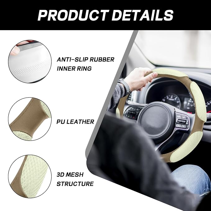 Wuyaoyao Car Steering Wheel Cover, 15 Inch PU Leather Anti-Slip Steering Wheel Covers Protector with Soft Hand Pad Cushion, Breathable & Comfortable, Universal Interior Car Accessories (Beige)