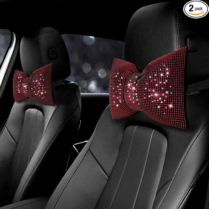 surpassme 2PCS Rhinestone Car Headrest Neck Pillow for Driving with Bling Bling Crystal Bow Pillow Car Accessories for Women (Red)