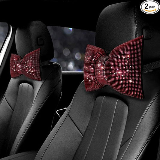 surpassme 2PCS Rhinestone Car Headrest Neck Pillow for Driving with Bling Bling Crystal Bow Pillow Car Accessories for Women (Red)