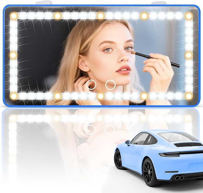 SINGARO Car Sun Visor Vanity Mirror - Rechargeable Makeup Mirror with 60 LEDs, 3 Light Modes & Dimmable Touch Control for Cars, Trucks, SUVs, Car Interior Accessories for Women (Blue)