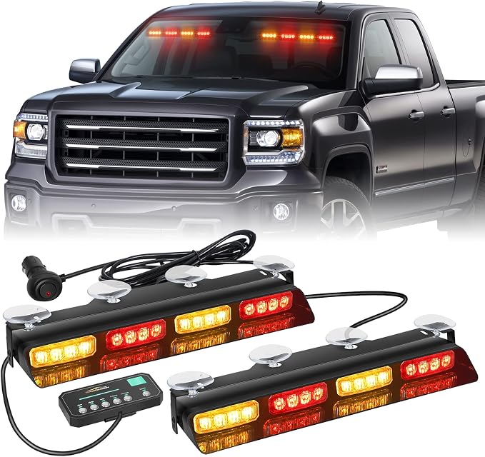 XRIDONSEN 2x 14 inch Amber Red Emergency Dash Lights 32 LED Strobe Lights | Interior Safety Warning Hazard Caution Front/Rear Windshield Light Bar w/ Controller for Construction Vehicles Trucks Car