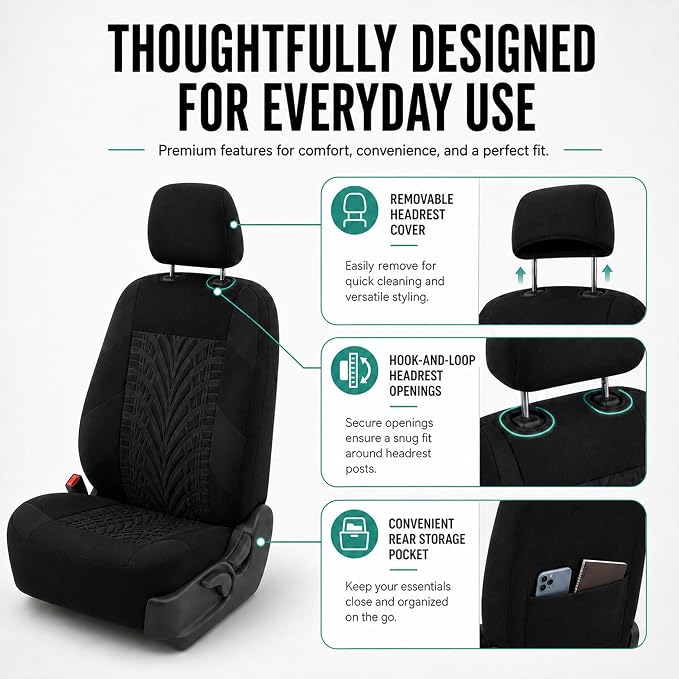 FH Group Full Set Travel Master Car Seat Covers, Airbag and Split Rear Car Seat Cover Universal Fit Interior Accessories for Cars Trucks SUV, Automotive Seat Covers,Black