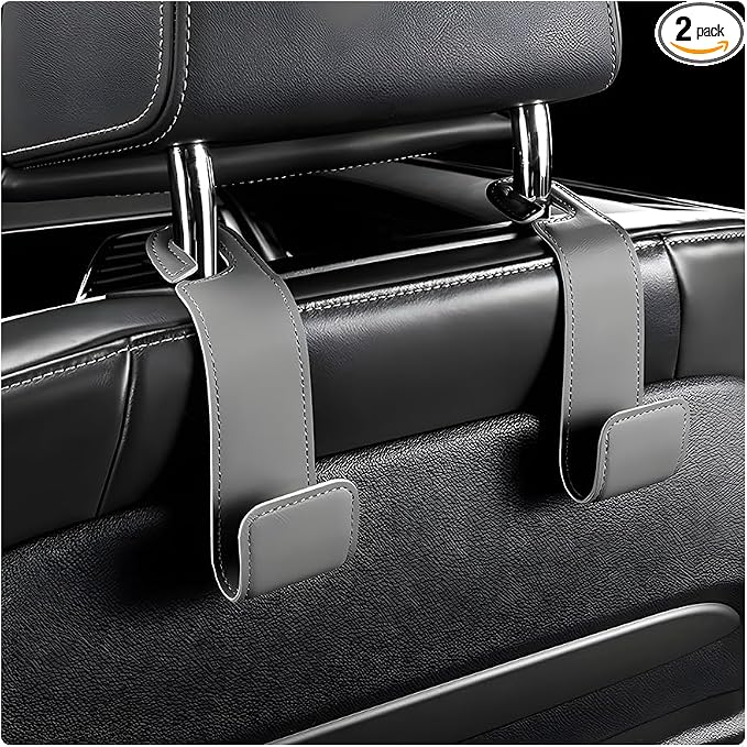 2 PCS Car Seat Headrest Hooks, Microfiber Leather Hanger Holder Hook for Hanging Purse and Bag, Universal Vehicle Back Seat Organizer Hook for Grocery Bag Handbag Coat (Gray)