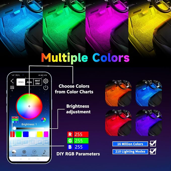 Car Led Interior Light Strip 13 Inch 72LEDs Under Dash Foot Well Soft Lighting RGB DIY 210 Modes Static/Chase/Gradient/Strobe/Music, Timer App Switch Control, USB 5V DC 12V, No Remote