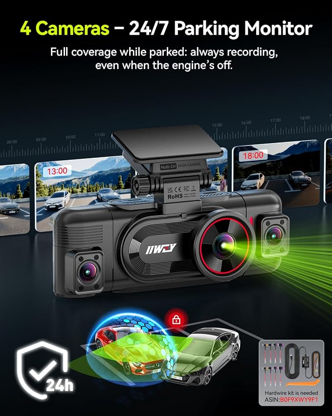IIWEY N6 PRO STARVIS 2 4K 4-Channel Dash Cam, 360° All-Around View (4K+1080Px3), Front Rear and Dual Inside Car Camera, 5GHz WiFi, GPS, 8-IR Lamps Night Vision, Free 128GB Card, 24/7 Parking Mode