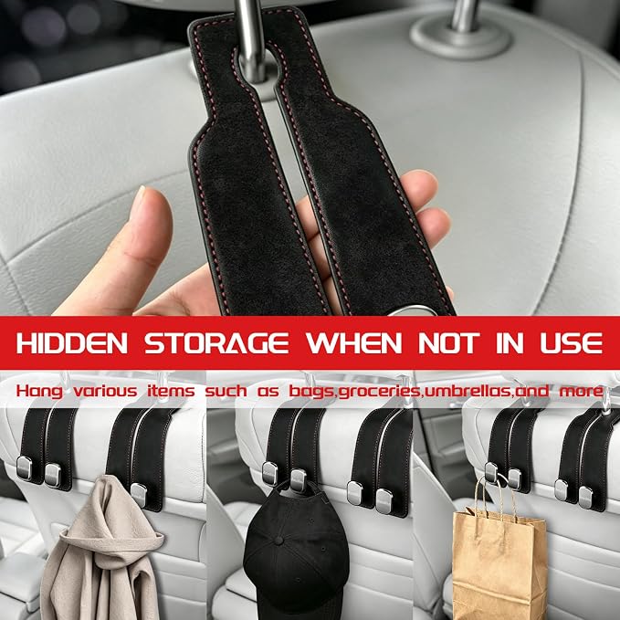 Car Headrest Hook, Car Seat Headrest Hooks and Purse Hook for Car, Leather Seat Back Organizer with Phone Holder, Universal Hidden Storage for SUV/Truck (Black-4Pack)