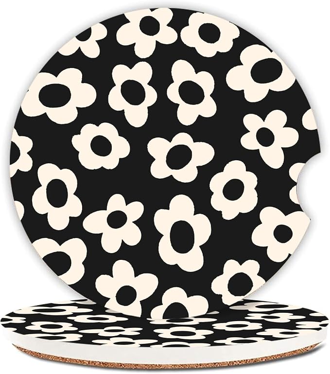Absorbent Car Coasters 2 Pack for Cup Holders, 2.56" Ceramic Stone & Non-Scratch Cork Base Drink Coasters(White Flower)