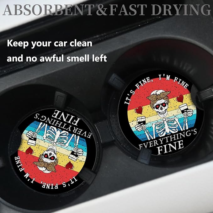 Funny Skull with Coffee Cup Holders Car Coasters Set for Women/Men,Absorbent Cup Car Holders, 2 Pack Universal Neoprene Coasters with A Finger Notch