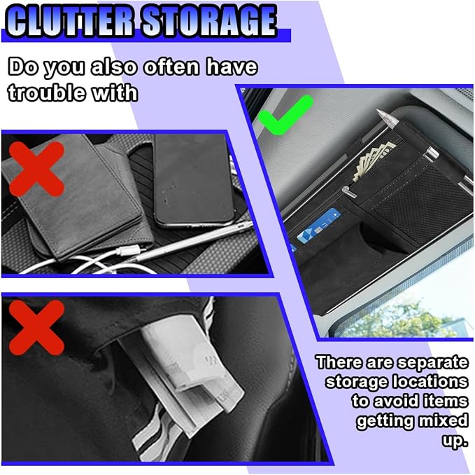 Car Sun Visor Organizer, Leather Multi-Pocket Glasses Card Holder with Zipper, Waterproof Scratch-Resistant Sunshade Storage Bag, Universal Auto Interior Accessory for Car/Truck/SUV (Grey)