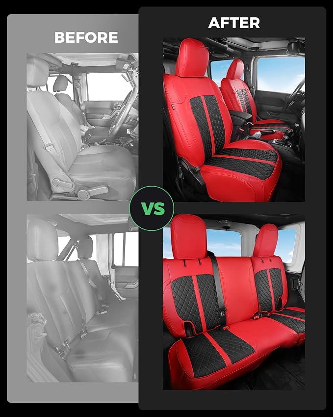 for Jeep Wrangler Seat Covers 4Door JK 2013 2014 2015 2016 2017, Custom Fit Car Seat Cover Full Set, Luxury Leather Seat Protectors, Waterproof SUV Interior Cushions Accessories, Red Black