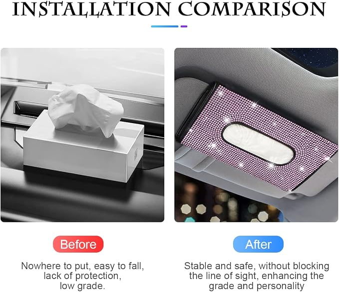 Bling Car Sun Visor Tissue Box Holder, Rhinestone PU Leather Crystal Sparkling Napkin Holder, Backseat Paper Towel Cover Case Car Accessories for Women (Pink)
