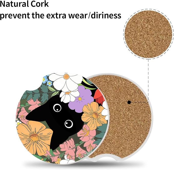Cute Black Cat Car Coasters for Drinks Absorbent, 2 Pack Cup Holders, 2.56" Ceramic Stone & Non-Scratch Cork Base Coasters, Auto Accessories for Women & Men