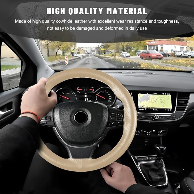 Genuine Leather Steering Wheel Cover, 15 Inch Stitch on Steering Wheel Protector with Needle & Thread, Anti-Slip DIY Sewing Wheels Wrap for Most Vehicles (Beige, Full Hole)