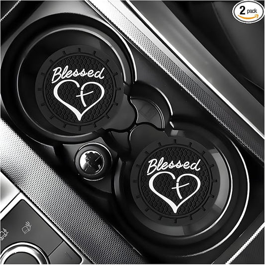 KVAEY 2 PCS Car Cup Holder Coasters, 2.76 Inch Anti Slip Vehicle Drink Mats with Cute Blessed Cross and Heart, Shockproof, Universal Car Accessories (Black, 2 PCS)