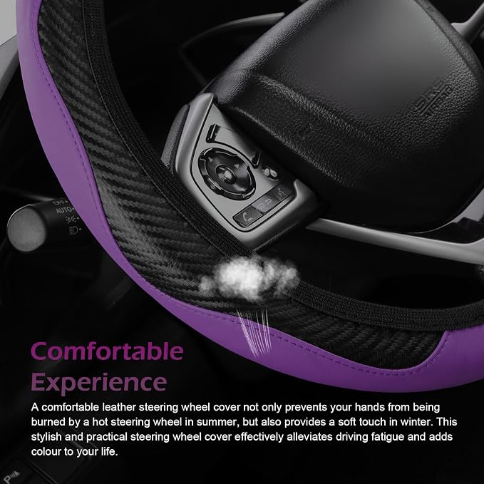 Leather Car Steering Wheel Cover,15 Inch Carbon Fiber PU Elastic Steering Wheel Protector, Anti-Slip Breathable Driving Wheels Covers, Universal Car Interior Accessories (Purple)