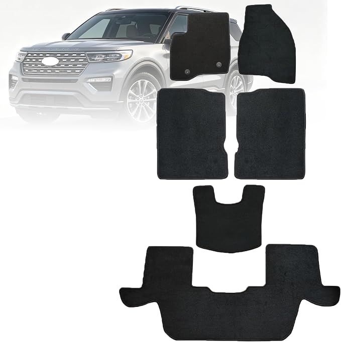GXARTS Custom Fit Car Floor Mats Fit for Ford Explorer 2015 2016 2017 2018 2019 | Waterproof Velour Carpet Floor Liners Full Set, All-Weather Protection with Anti-Skid Retaining Buckle, Black