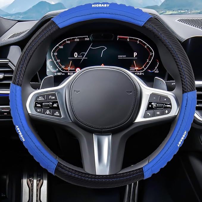 Sport Style Black Carbon-Fiber Steering Wheel Cover with Blue Strip Grip Steering Wheel Accessory,Universal Fit 14.5-15.25 inch Steering Wheel