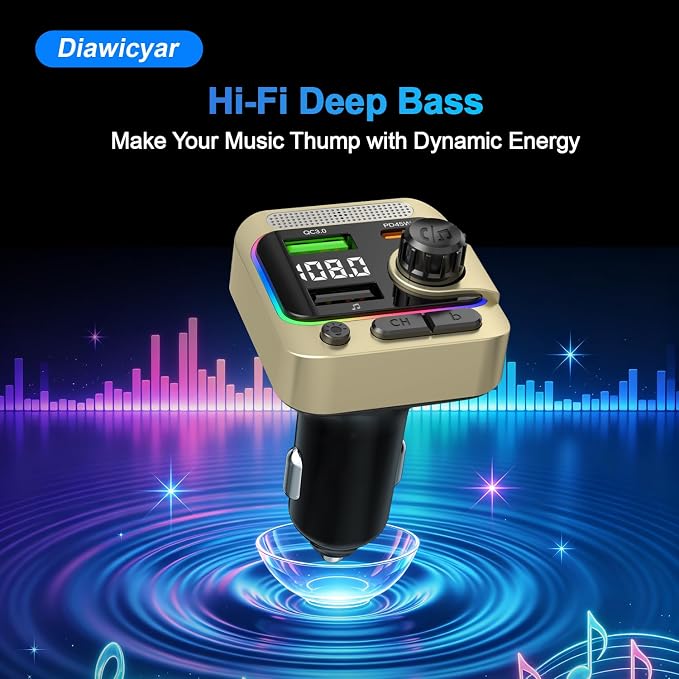 63W FM Transmitter Bluetooth Car Adapter, Wireless FM Bluetooth Transmitter | [PD 45W & QC3.0] Fast Charge, Deep Bass Player, Hands-Free Calling, Gold