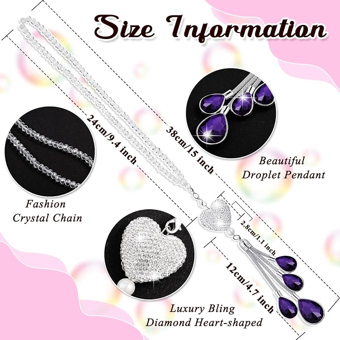 Frienda Bling Car Rear View Mirror Accessories for Women Gift Cute Heart Crystal Hanging Charm Diamond Decoration Lucky Interior Ornament Pendant(9.8 Inch,Purple)