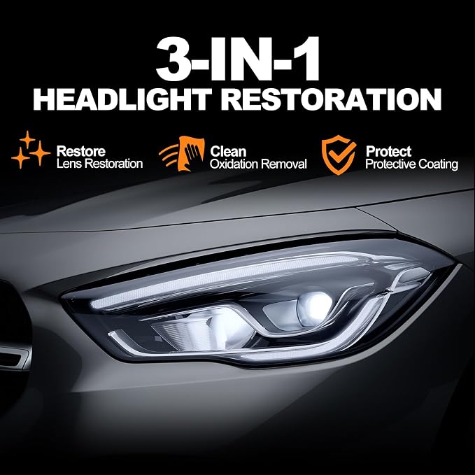 Headlight Restoration Kit Cleaner Restorer: Car Headlamps Oxidized & Yellowed Lens Repair with Protective Coating (180ml Headlight Refurbishment +20ml Protective Agent)