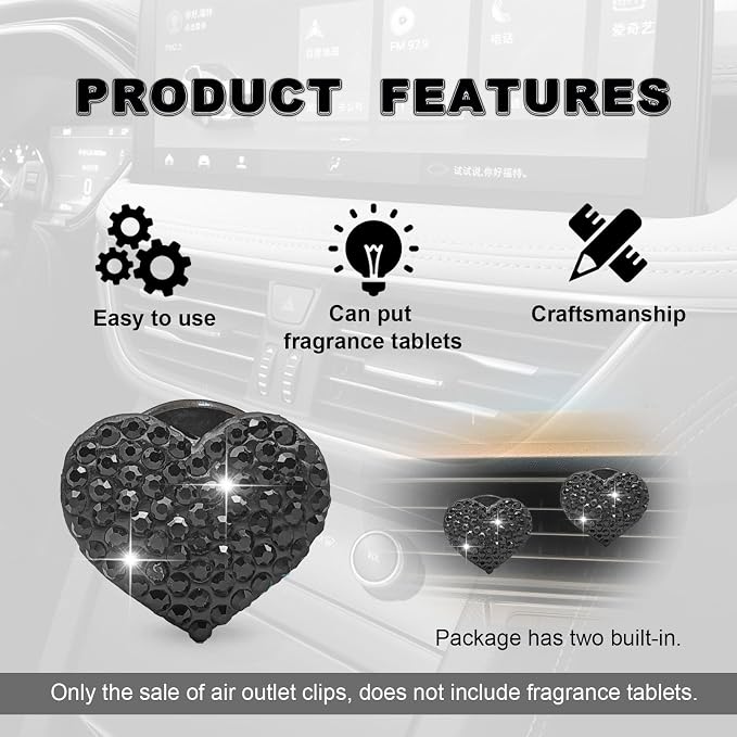 2Pcs Car Air Vent Clip, Bling Crystal Heart Charms Car Air Vent Clips, Car Air Conditioning Outlet Clip Decorative, Car Interior Decoration Accessories Universal for Women and Man (Black)