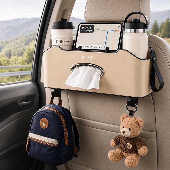 Mu&Ti Back Seat Car Organizer with Cup Holders Tissue Box Holder, Phone Stand and Hooks Multifunctional 4 in 1(Beige)
