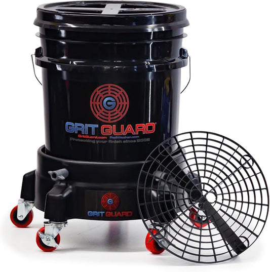 Grit Guard 5 Gallon Washing System | Includes 5 Gallon Bucket, Grit Guard, Bucket Dolly, and Gamma Seal Lid | for Car Wash and Detailing |All Black - Made in the USA
