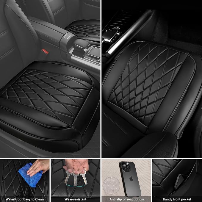CAR PASS 1 Pack Leather Front Car Seat Cover, Bottom Seat Cover Full Wrapped with Storage Pocket, Anti-Slip Leather Seat Protector,Waterproof Seat Cushion Pad Universal Fit Sedan SUV Truck, Black