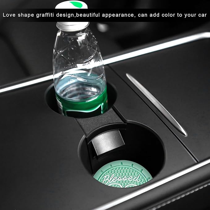 4 PCS Car Cup Holder Coaster, 2.76 Inch Soft PVC Non-Slip Blessed Cross and Heart Christian Car Cup Coasters, Auto Interior Shockproof Insert Drink Mat for Most Vehicles (Green)