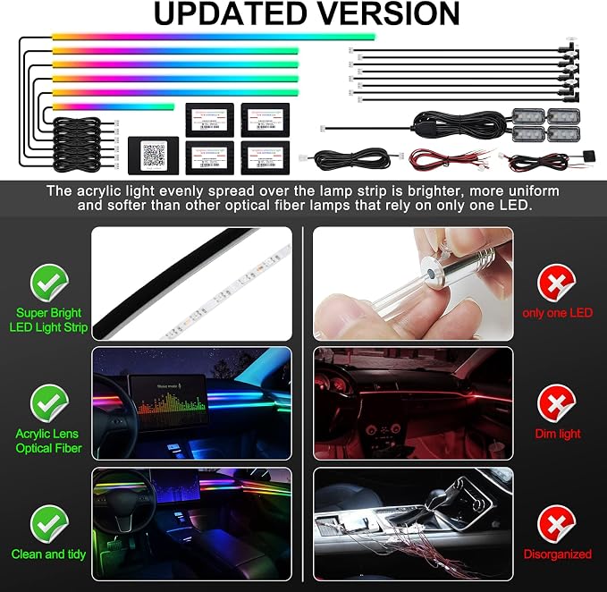 Dreamcolor Acrylic Interior Car LED Strip Light with Wireless APP, RGB 18 in 1 with 175 inches 593 LEDs Fiber Optic Ambient Lighting Kits, 16 Million Colors Sound Active Function Car Neon Lights