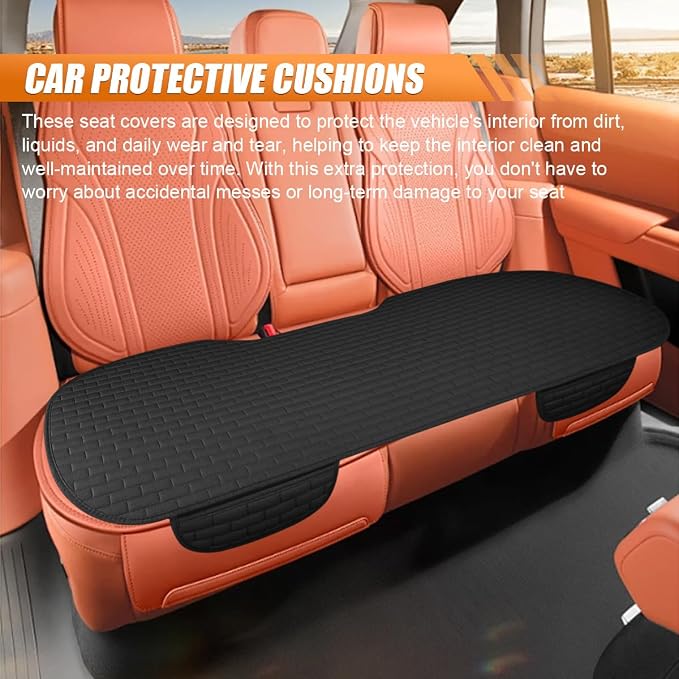 Car Rear Seat Cover, Breathable Linen Auto Seats Cushion (Black) | Anti-Slip Vehicle Seat Pad with Storage Pocket, Universal Automotive Seats Protection Mat for Car, SUV, Truck