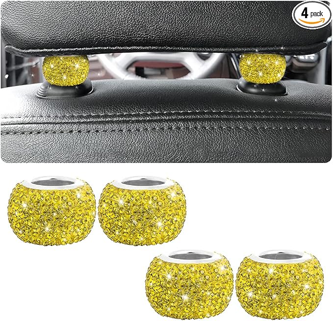 BELOMI 4 Pack Car Headrest Collars, Bling Car Head Rest Collars Rings Decor, Rhinestone Car Head Rest Collars, Diamond Interior Car Seat Accessory (Yellow)